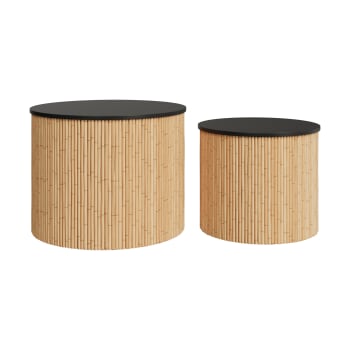 Owan - Tables basses rondes en rotin et plateau noir (lot de 2)