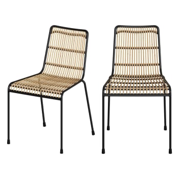 Sedia Da Ufficio Girevole In Pelle E Rattan - Regolabile, Con Ruote, Schienale In Noce - Senza Braccioli - Nero