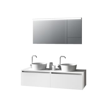 Aurora - Mueble de baño de 6 piezas con doble lavabo en melamina blanca