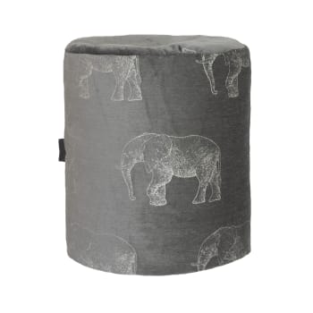 Pouf en velours gris avec éléphants brodées