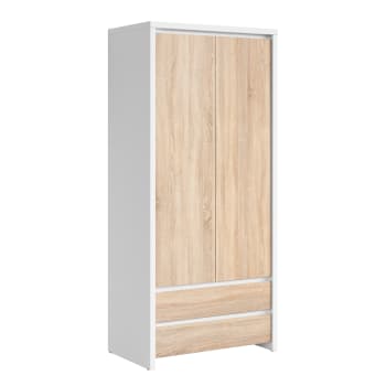Soren - Armoire 2 portes 2 tiroirs panneaux agglomérés naturel et blanc