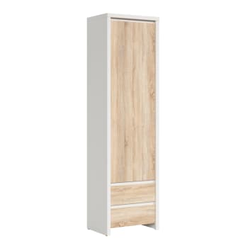 Soren - Armoire colonne 1 porte 2 tiroirs panneaux agglomérés naturel et blanc
