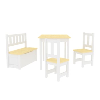 LOUSAME - Kindertischset mit Stühlen und Sitzbank aus Kiefernholz, Weiß