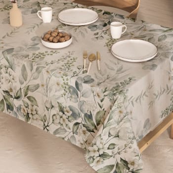 Mailen green - Mantel lino antimanchas estampado floral 140x200 cm