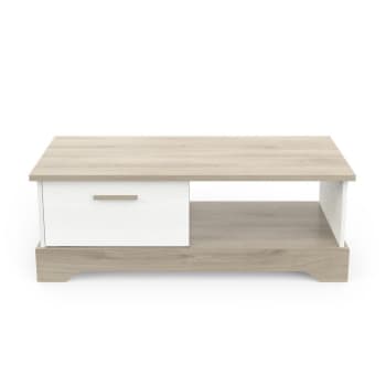 Cottage - Table Basse 1 Tiroir et 1 Étagère L110 cm - Décor blanc et chêne
