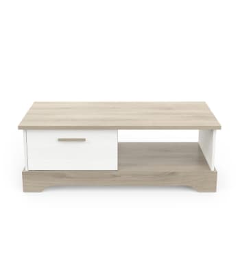 Cottage - Table Basse 1 Tiroir et 1 Étagère L110 cm - Décor blanc et chêne
