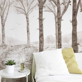 Papier peint panoramique paysage forêt de bouleau 525 x 250 cm brun