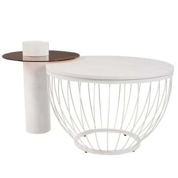 Set di 2 tavolini impilabili con effetto legno bianco e vetro marrone