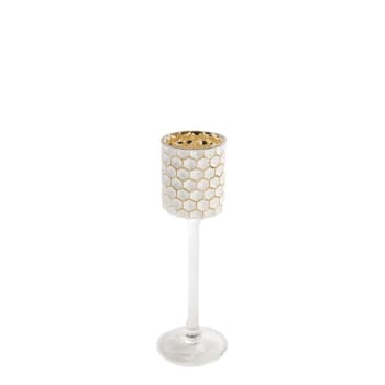 Maia - Photophore décoratif à pied en verre blanc et doré H30