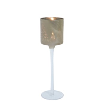 Noël - Photophore décoratif à pied en verre dépoli gris et or pâle H25