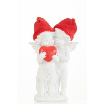 2 ángeles de pie con corazón rojo en resina blanca 11.5x12x26 cm