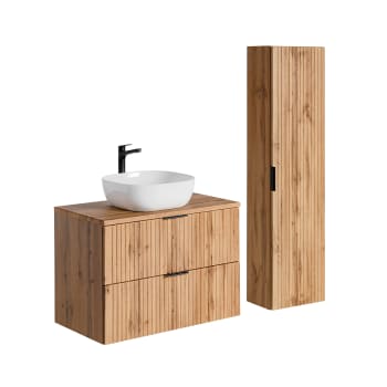 Adriel - Ensemble meuble vasque et colonne stratifiés naturel façon chêne