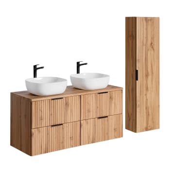Adriel - Ensemble meuble double vasque 120cm et colonne naturel