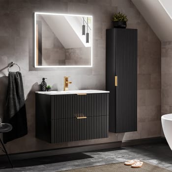 Meuble Vasque Sorrento 60cm Noir + Vasque Céramique - 2 Tiroirs Rangement | Salle De Bain Design | Facile à Monter