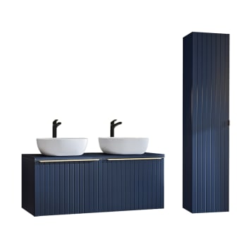Ensemble meuble double vasque 120cm et colonne stratifiés bleu