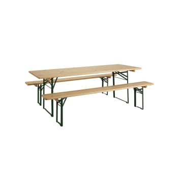 Table extérieure pliable avec 2 bancs en bois verni