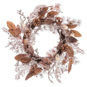 Corona de Navidad de acebo, piñas y hojas color cobre de tela