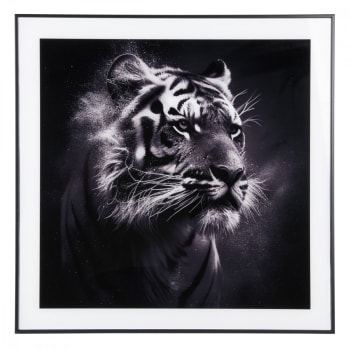 Cadre et photo d'art noir et blanc tigre verre noir