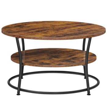 Table basse table ronde effet bois marron rustique et noir