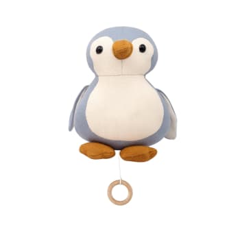Peluche musicale bébé pingouin en coton bleu clair 22x22 cm