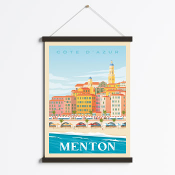 Affiche Menton France + Cadre Magnétique (Bois Noir) 50x70 cm