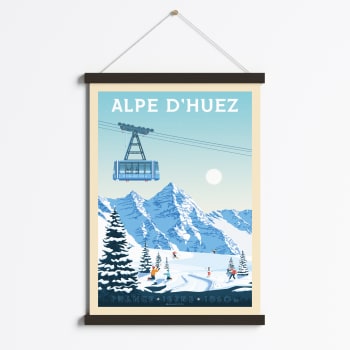 Affiche Alpe d'Huez France + Cadre Magnétique (Bois Noir) 50x70 cm