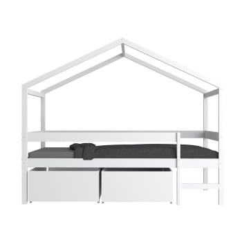 Wael - Lit cabane + tiroirs en bois et MDF blanc 90 x 190 cm