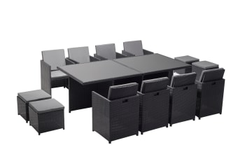 Monaco - Table et chaises 12 places encastrables en résine noir/gris