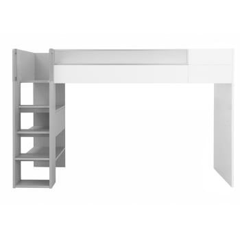 Dimix - Lit haut blanc 90x200 effet bois blanc/gris