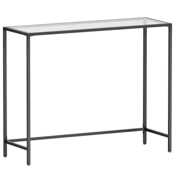 Table console style moderne verre acier transparent noir