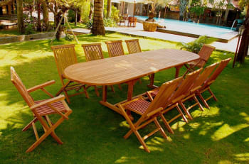 Kajang - Salon de jardin Teck massif 10 à 12 personnes - Table ovale + 8 chaise