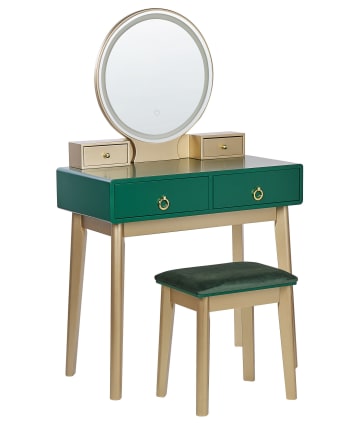 Fedry - Coiffeuse avec miroir à LED et tabouret vert et doré