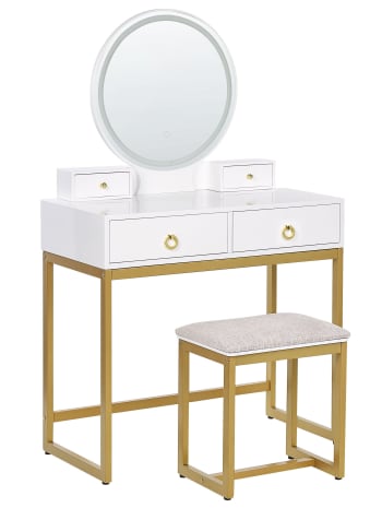 Auxon - Coiffeuse blanc et doré avec miroir à LED et tabouret