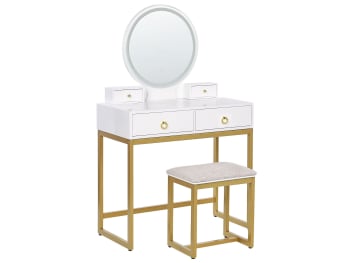 Auxon - Coiffeuse blanc et doré avec miroir à LED et tabouret