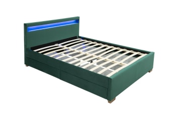 Enfield - Structure de lit en velours vert avec rangements et LED intégrées 140x