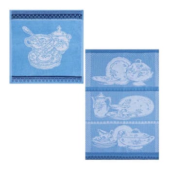 Vaisselles anciennes - Lot 1 torchon et carré éponge en jacquard de coton bleu moyen 50x75
