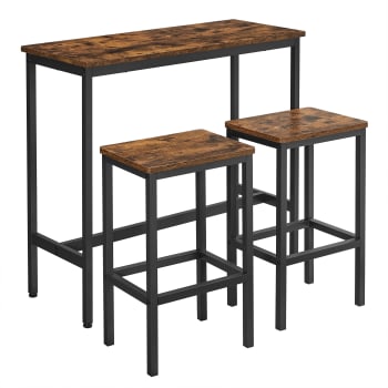 Ensemble table de bar tabourets effet bois marron rustique et noir