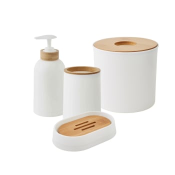 Relaxdays - Set De 7 Accessoires Salle De Bain En Plastique Blanc Et Bambou (poubelle, Brosse WC, Distributeur, Etc.)