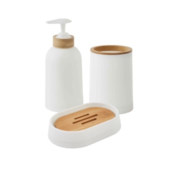 Relaxdays - Set De 7 Accessoires Salle De Bain En Plastique Blanc Et Bambou (poubelle, Brosse WC, Distributeur, Etc.) - 9