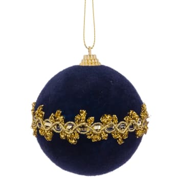 Boule de Noël velours bleu foncé et doré 8cm