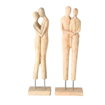 Set de 2 figurines couple déco à poser en bois de manguier H56cm