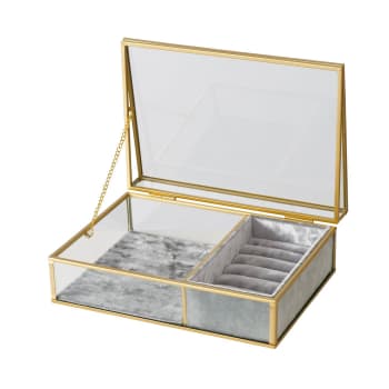Clipo - Boîte à bijoux en métal doré, verre et velours gris 23x16x8cm