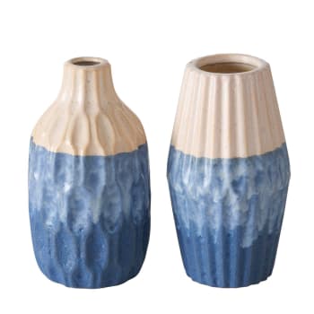Set de 2 vases en poterie blanc crème et bleu H21cm