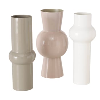 Set de 3 vases design en fer émaillé blanc et beige