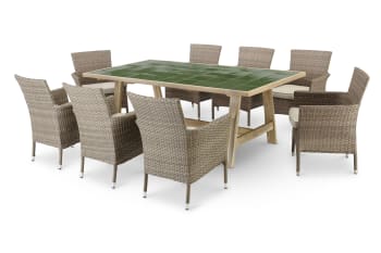 Bisbal & bolonia - Ensemble table céramique verte 205x105 + 8 chaises rotin synth