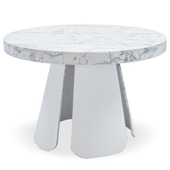 Henriette - Table ronde extensible effet marbre blanc pieds blanc