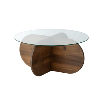 Venas - Table basse design d75cm pin massif foncé et verre trompé transparent