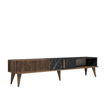 Ribera - Meuble tv 2 portes et 1 étagères 180cm bois foncé et effet marbre noir