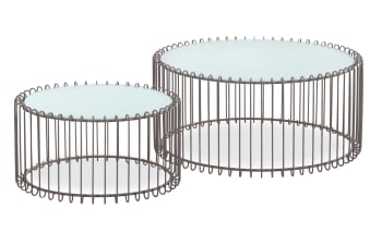 Ensemble - Ensemble de 2 tables basses verre blanc et métal taupe