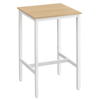 Table haute carrée style industriel effet bois blanc
